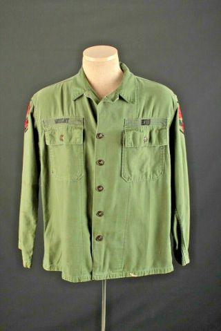 Men ' s 1950s US Army OG Sateen Fatigue Shirt W Patches Med 50s Vtg Utility 2
