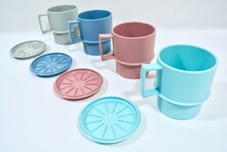 Htf Vintage Tupperware Pastel Coffee Mugs Stackable Cups Coasters Lids Camping