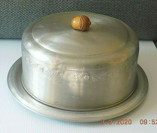 Vtg Mcm West Bend Aluminum Cake Saver Plate & Cover W/ Wooden Acorn Handle