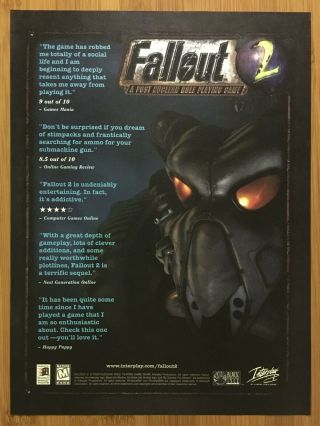Fallout 2 Pc 1998 Vintage Print Ad/poster Official Big Box Art Authentic Rare