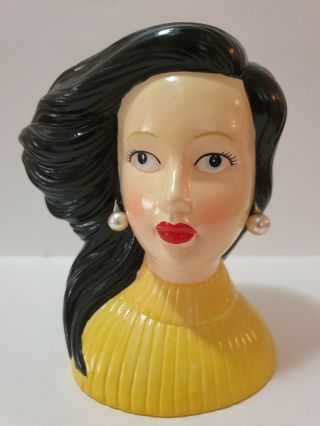 Lady Head Vase - Black Hair & Yellow Sweater - Crown Ceramics
