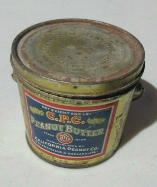 Vintage C P C Peanut Butter Tin Container Pail With Handle Kiddies Size One Lb.