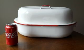Vintage Red And White Enamelware,  Large Roasting Pan,  Farmhouse Style