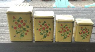 Vintage 1949 Nesco Tin Kitchen Canister Complete Set Of 4 Square Yellow Metal