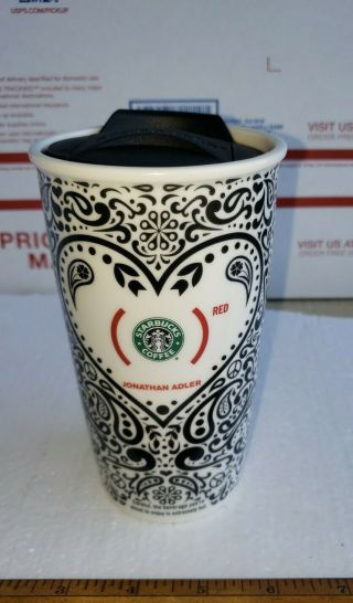 Starbucks 2010 Jonathan Adler Red Heart Black Paisley Ceramic Travel Mug W/ Lid