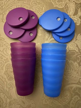 Euc Set Of 8 Tupperware Impressions 16 Oz Tumblers W/ Dripless Seals Pink & Blue