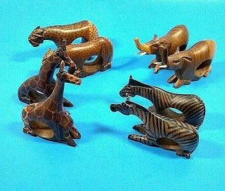 Set Of 8 Wooden Animal Napkin Rings African Safari Hand Carved Large Stand Up