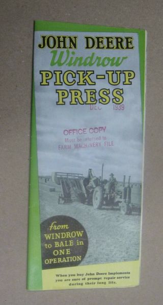 1939 John Deere Tractor Co Brochure Windrow Pick Up Press Farm Sales Paper