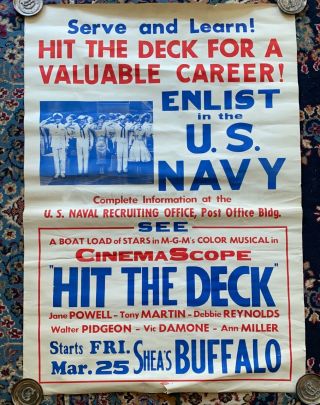 1950s Enlist In Navy Recruiting Poster Sheas Theatre Buffalo Ny 39” 28”