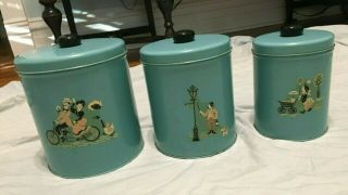 Vintage 3pc Tin Turquoise Canister Set With Unique Painted (?) Designs