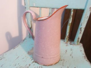 Antique Pink French Enamelware Pitcher W/ Red Trim