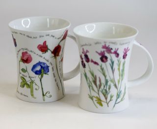 Pair Dunoon Tea Mugs,  Fine Bone China England,  " Cottage Flowers " By Emma Ball