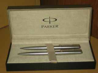 Vintage Parker Brushed Steel Gt Ballpoint And Pencil.