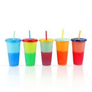 Color Changing Reusable Cold Cups W Lids & Straws Bpa Set Of 5 24oz Tumbler