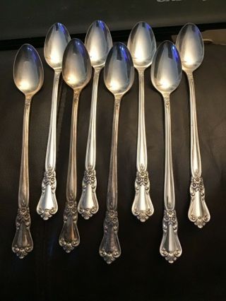 8 Vintage Wm A Rogers Oneida Valley Rose Iced Tea Spoons Silver Plate 7.  5”