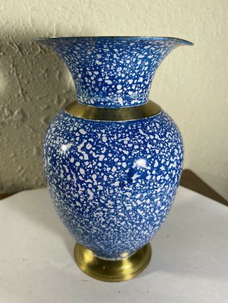 Vintage Brass Blue & White Speckled Graniteware 6 3/8 " Enamel Vase