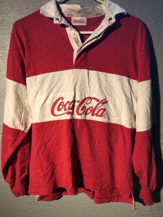 Men’s Vintage 1986 Coca Cola Logo Block Rugby Polo Shirt Sz M Red White