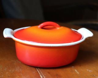 Vintage Descoware Enamel Cast Iron Pot W Lid Made In Belgium Flame Orange Red