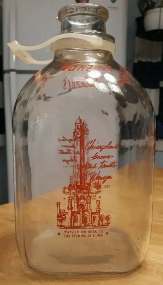 Vintage 1 Gallon Clear Glass Milk Jug Bottle Plastic Handle Wanzer 