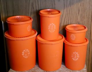 Set Of 6 Vintage Tupperware Orange Servalier Canisters W Lids