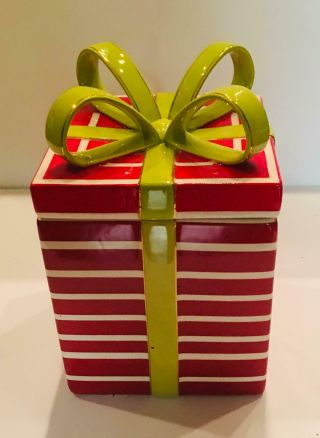 Vintage Christmas Present Cookie Jar Red Stripes Green Bow 5.  5 " X 5.  5 "
