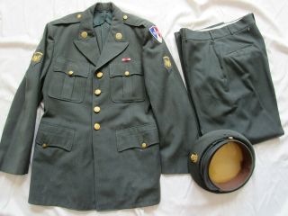 Vtg 50s 1956 Us Army Serge Green 44 Uniform Jacket Pant Hat Patch Ribbon Dui Old