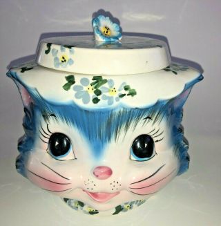 Lefton Miss Priss 1502 Cookie Jar With Lid,  7 " Tall,  Lid Flower Has Small Chip