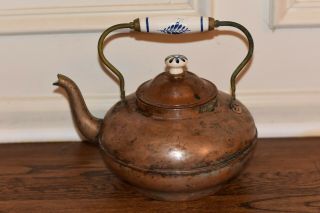 Vintage Metal Craft Copper Tea Kettle Pot With Ornate Ceramic Handle