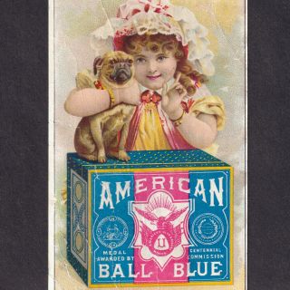 Antique Pug Victorian Trade Card American Eagle Ball Blue Washing Bluing - Flaws