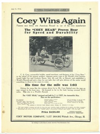 1914 Coey Motor Company Ad: Coey Bear Light Race Car - Wabash Ave. ,  Chicago,  Il