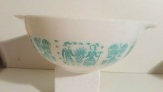 Pyrex Amish Butterprint 443 mixing bowl,  turquoise on white near 2