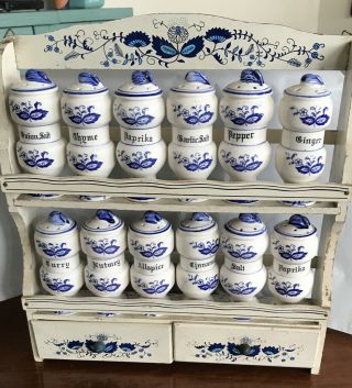 Blue & White Japan Vintage Shabby Spice Rack 12 Jars