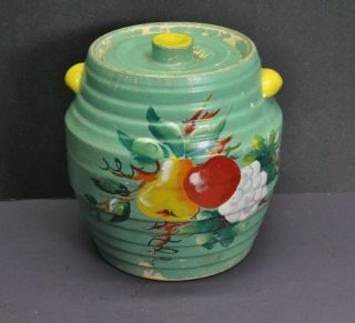 Antique Vtg Stoneware Cookie Jar Crock Hand Painted Fruit Green Yellow Handles