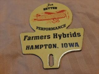 Farmers Hybrids Hampton Iowa Porcelain License Plate Topper Sign Farm Corn Plane