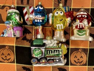 M&m Hand Crafted Glass Holiday Christmas Ornaments 5 Pc Set Kurt Adler