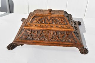 Fine Antique Carved Wood Inkwell With Lion Paw Feet,  Coat Of Arm,  Oak Leaves
