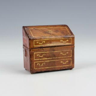 Antique Tooled Red Leather - Chest Of Drawers Formed Miniature Travel Inkwell