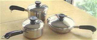 3 Pc 1801 Revere Ware Copper Bottom Stainless Steel Pots Frying Pan W/lids