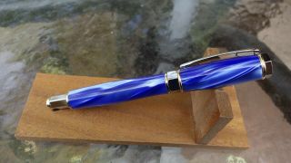 Handmade Magnetic Fountain Pen Blue Silk Acrylic With Chrome And Gold Hardware