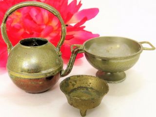Vintage Mini Brass Tone 3 Piece Cookware Made In England: Colander Kettle Bowl