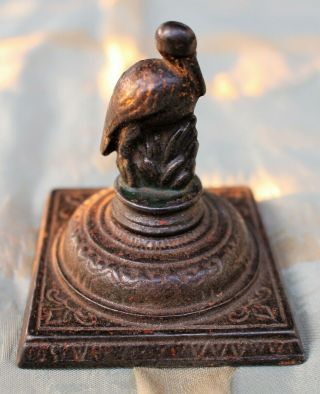 Antique Victorian Cast Iron Paperweight/ Blotter With Figural Stork Handle C1880
