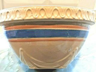 Vintage Stoneware Mixing Bowl - Yellow Ware Blue Orange Stripes