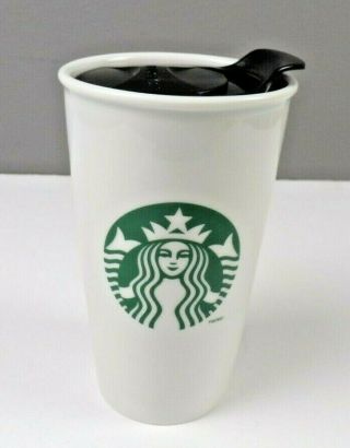 2014 Starbucks Mermaid Ceramic Travel Tumbler Mug With Lid White Tall Logo 12 Oz