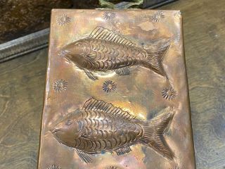 Vintage Copper Tin Lined 2 Fish Mold Pan W Brass Handles / Kitchen Wall Plaque