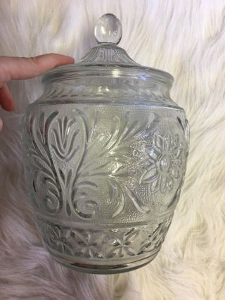 Vintage Cookie Jar With Lid,  Clear Cut Glass Deco With Etching,  Great Shape