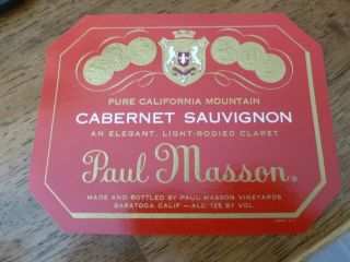 Paul Masson Wine Label - Cabernet Sauvignon - Saratoga - Unmarked