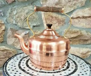 Vintage Copper Tea Kettle Pot Wood Brass Handle Tin Lined Made In Portugal