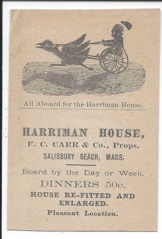 Business Card Of The Harriman House,  Salisbury Beach,  Ma C1880s