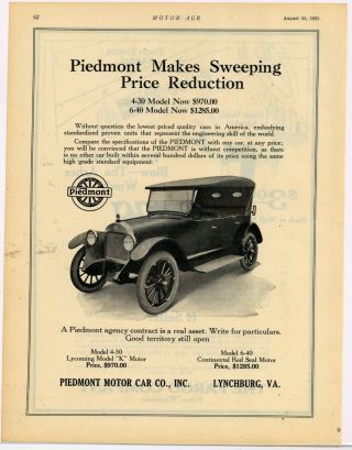 1921 Piedmont Motor Car Co.  Ad: 4 - 30 & 6 - 40 Models - Lynchburg,  Virginia