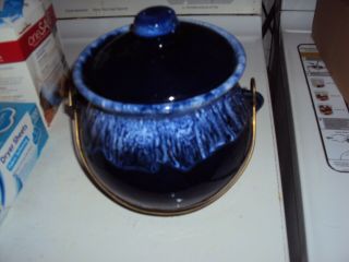 Vintage Cobalt Blue Ceramic Bean Pot Cookie Jar With Wire Handle